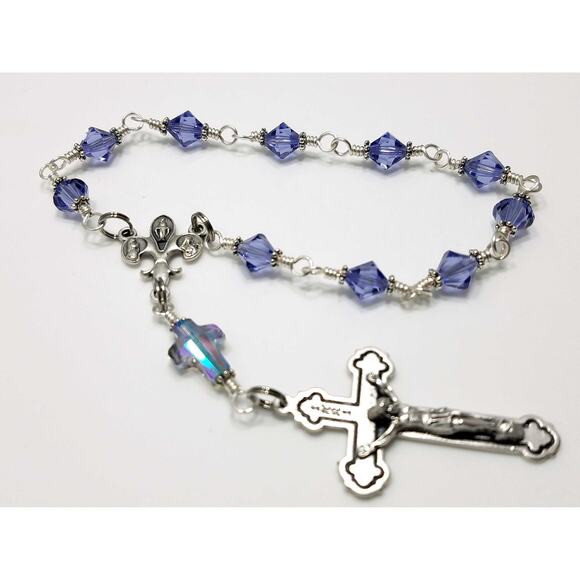 Handmade Purple Swarovski One Decade Rosary Fleur-de-Lis Center Unbreakable - Picture 10 of 10